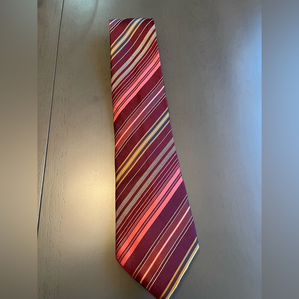 Kenneth Cole 100% Silk Burgundy and Yellow Striped Tie